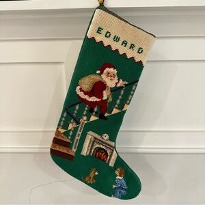 Green Personalized Christmas Stocking for Edward with Santa and Fireplace Design